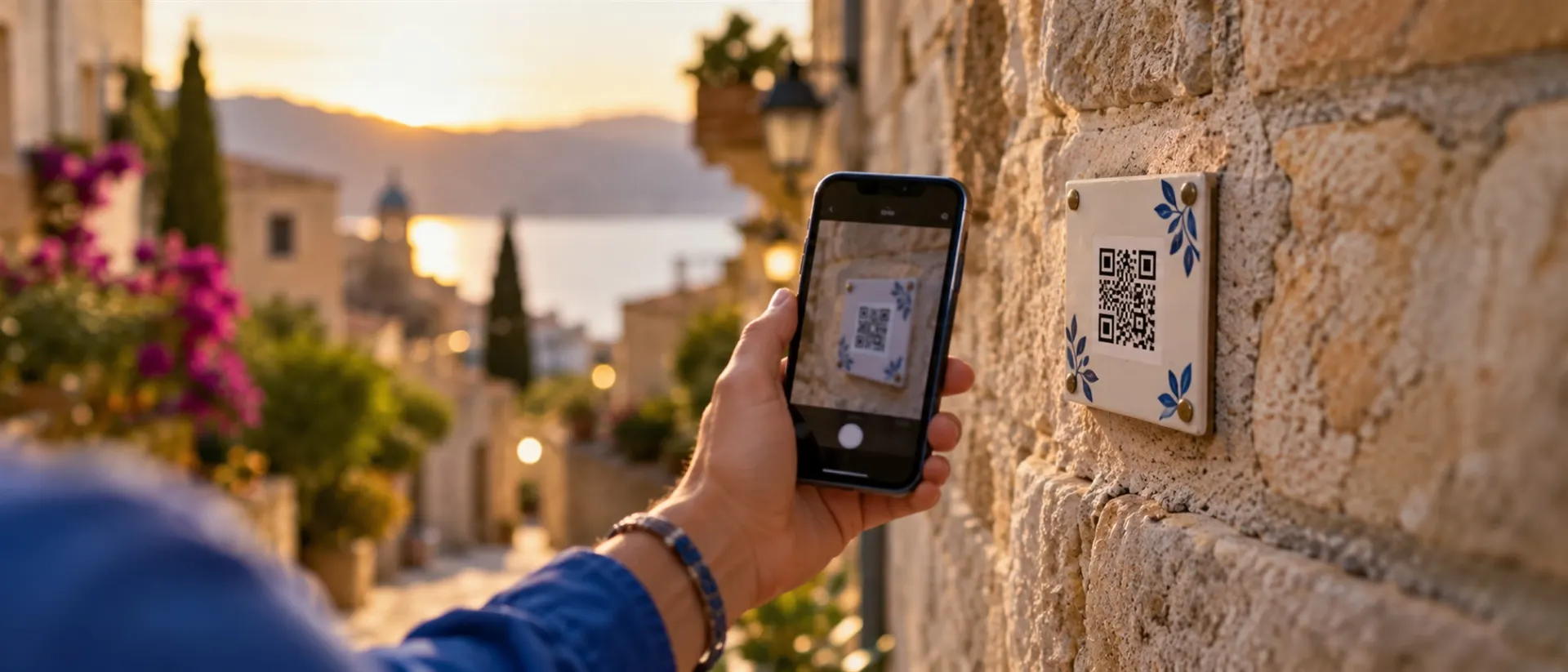 Un móvil enfoca un código QR en una pared de piedra