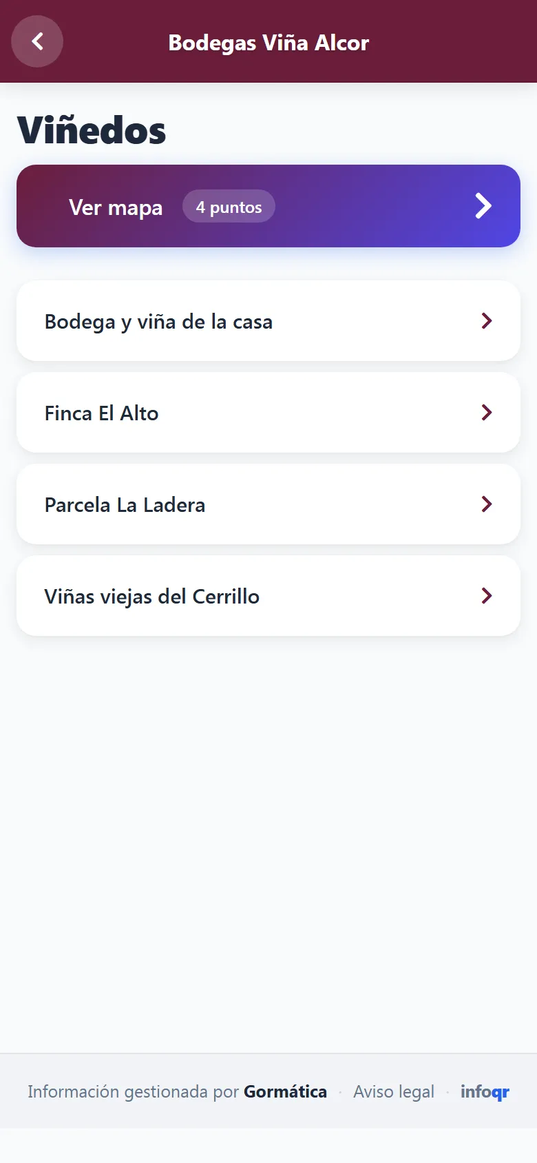 Captura de la sección «Viñedos» de Bodegas Viña Alcor en el móvil