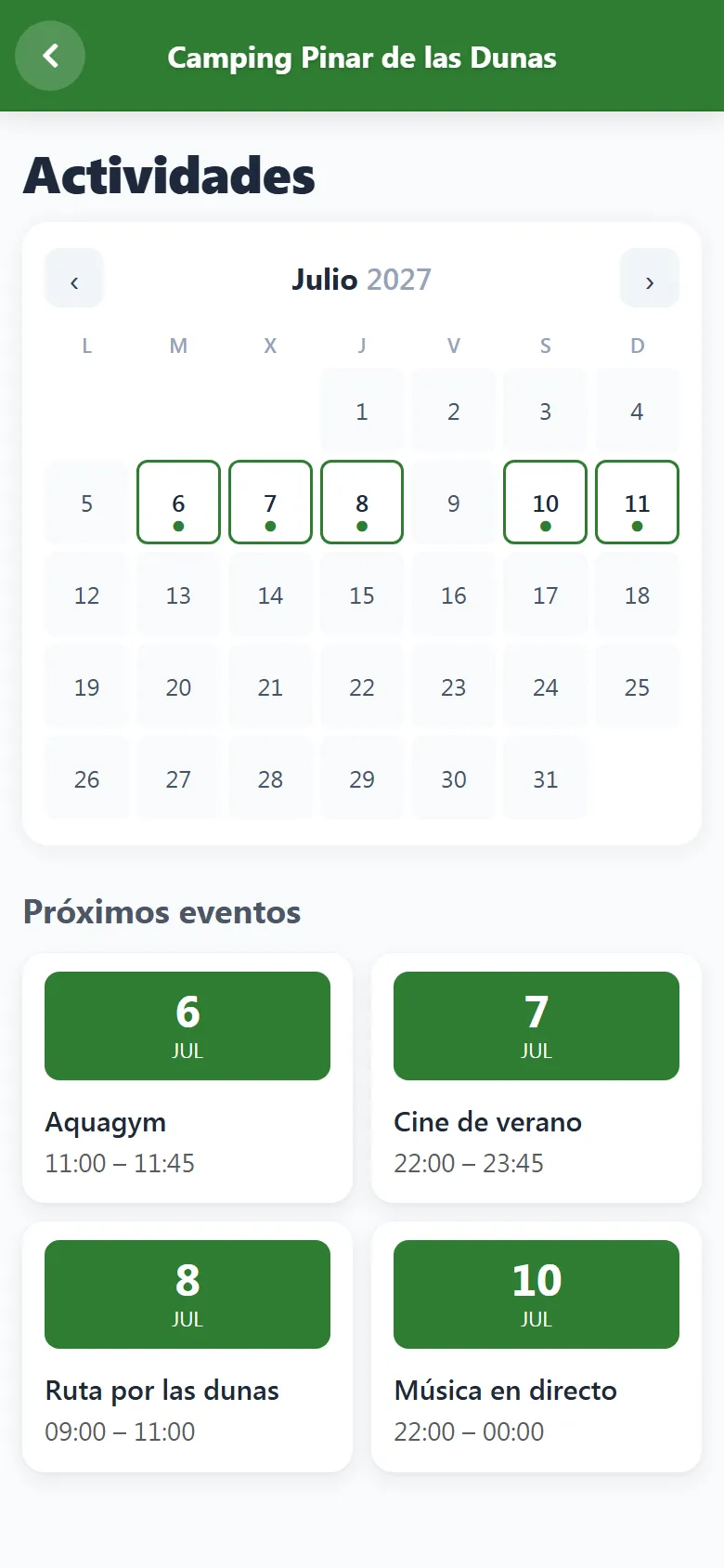 Captura de la sección «Actividades» de Camping Pinar de las Dunas en el móvil