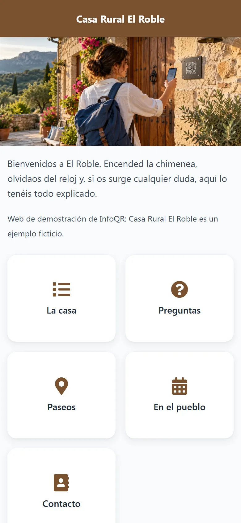 La portada de la web de ejemplo de una casa rural en el móvil