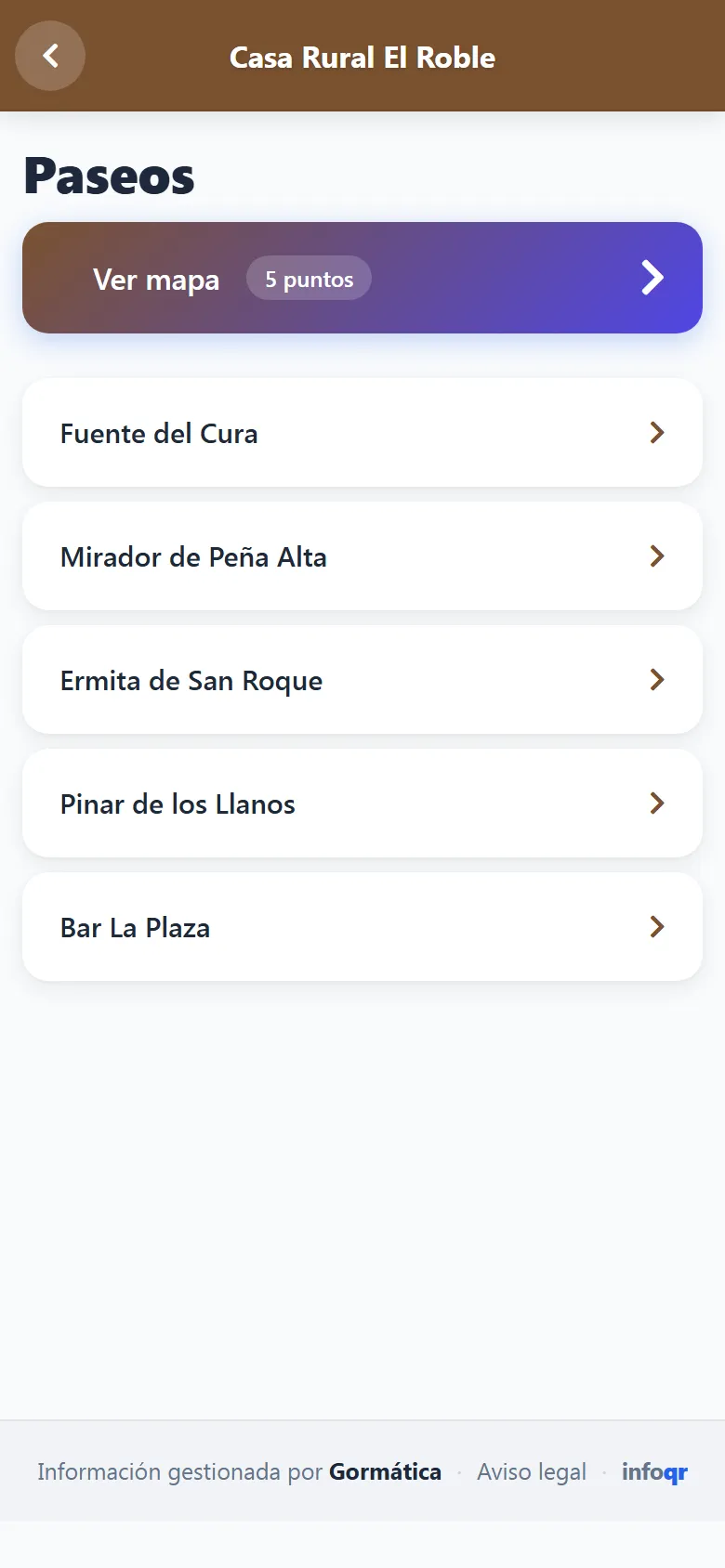 Captura de la sección «Paseos» de Casa Rural El Roble en el móvil