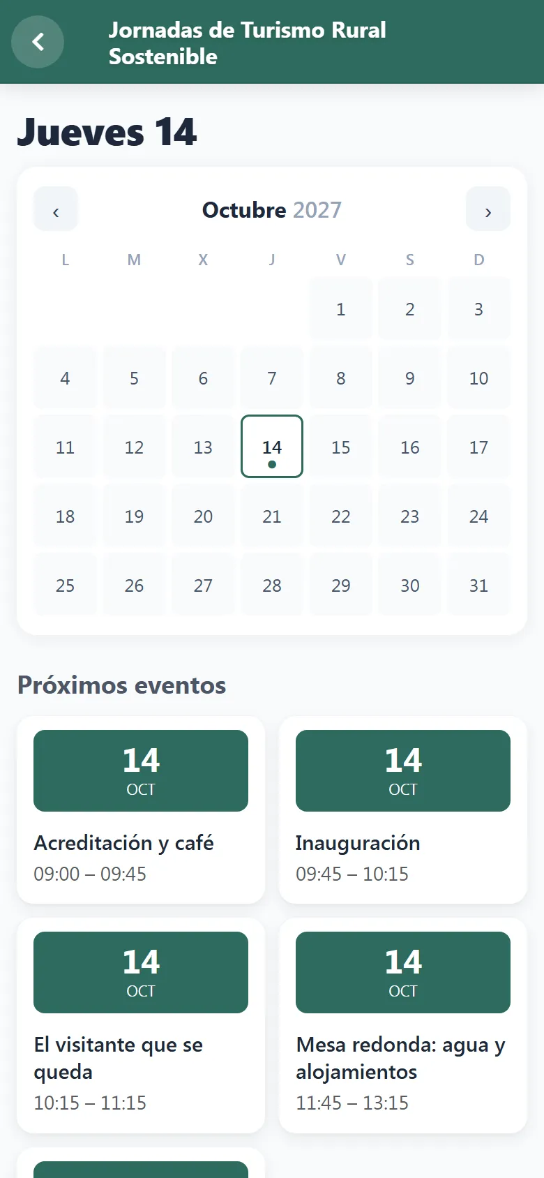 Captura de la sección «Jueves 14» de Jornadas de Turismo Rural Sostenible en el móvil