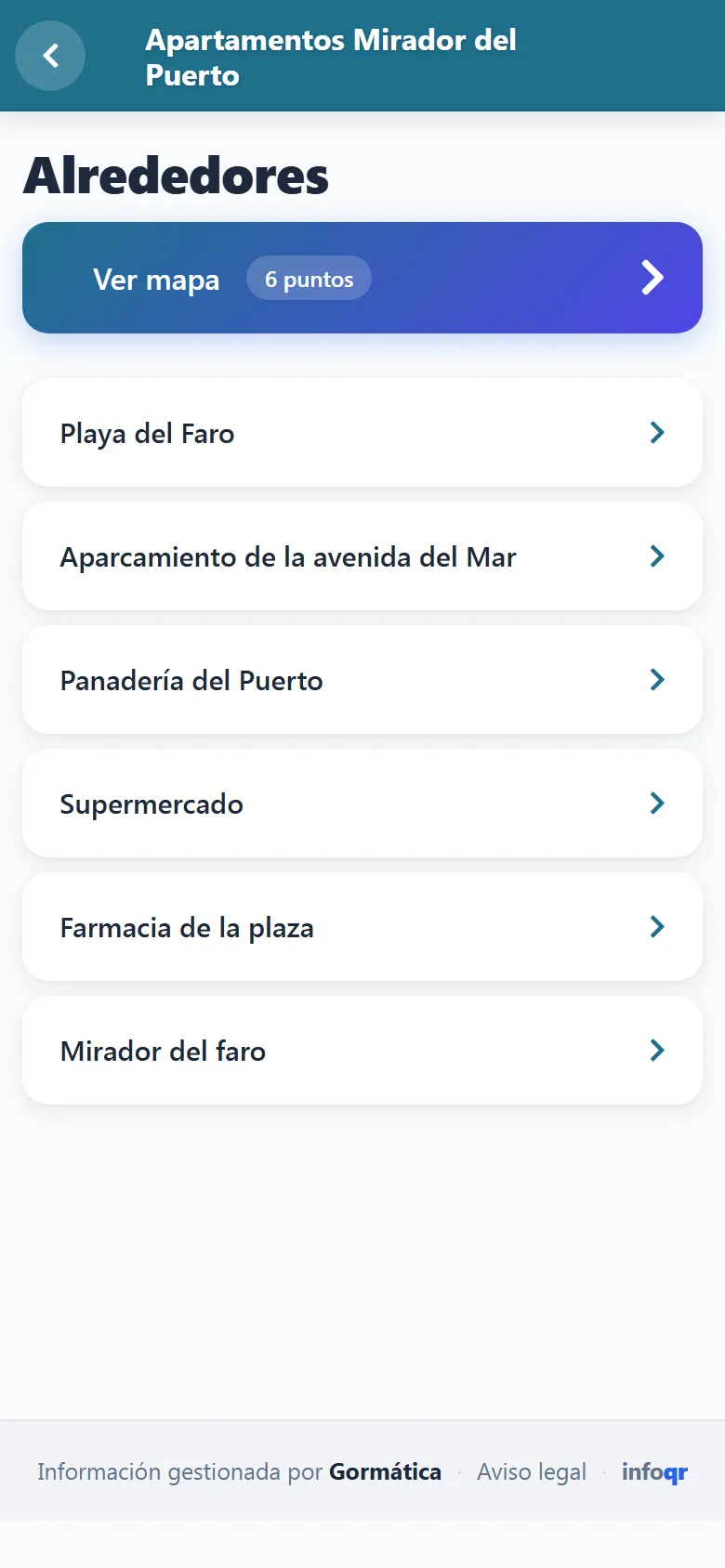 Captura de la sección «Alrededores» de Apartamentos Mirador del Puerto en el móvil