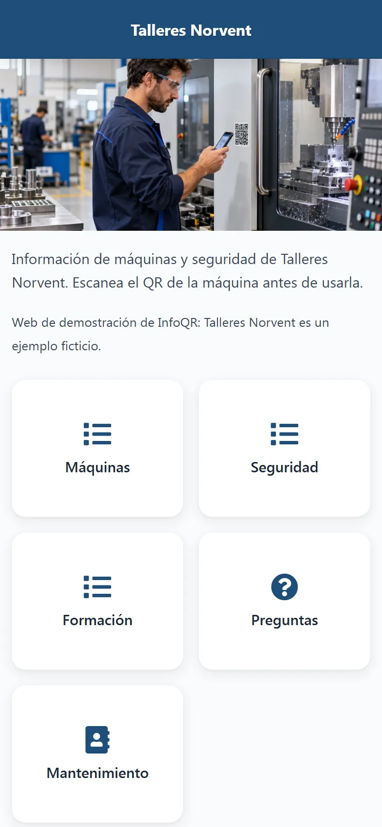 Captura de la portada de Talleres Norvent en el móvil