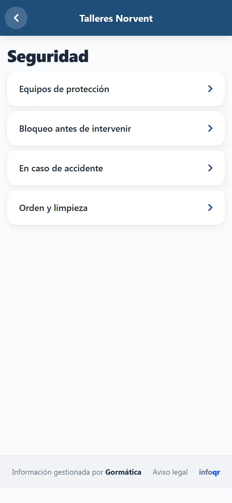Captura de la sección «Seguridad» de Talleres Norvent en el móvil