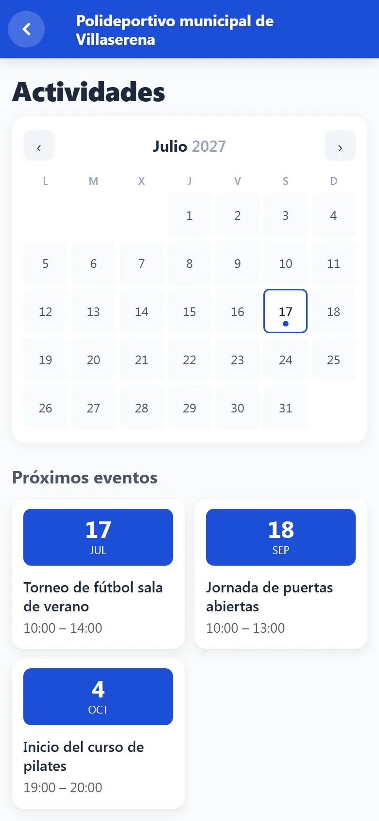 Captura de la sección «Actividades» de Polideportivo municipal de Villaserena en el móvil