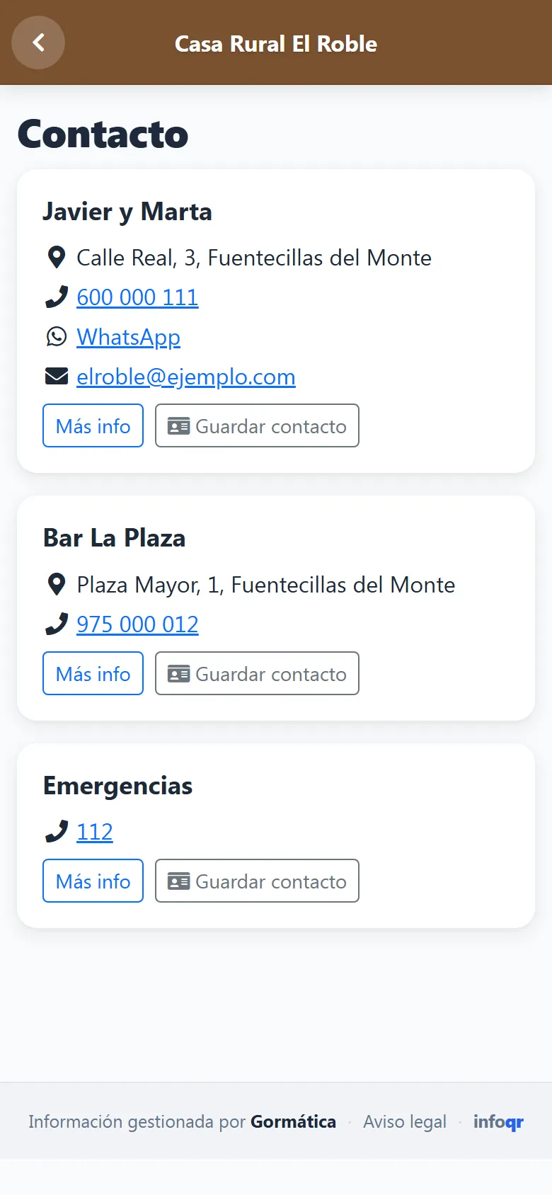 Contacto de la web de ejemplo de una casa rural en el móvil