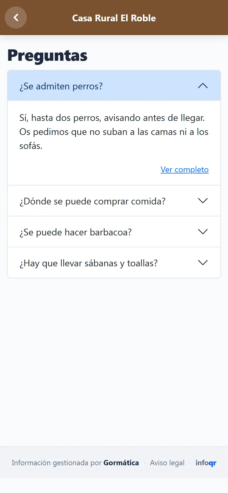 Preguntas de la web de ejemplo de una casa rural en el móvil