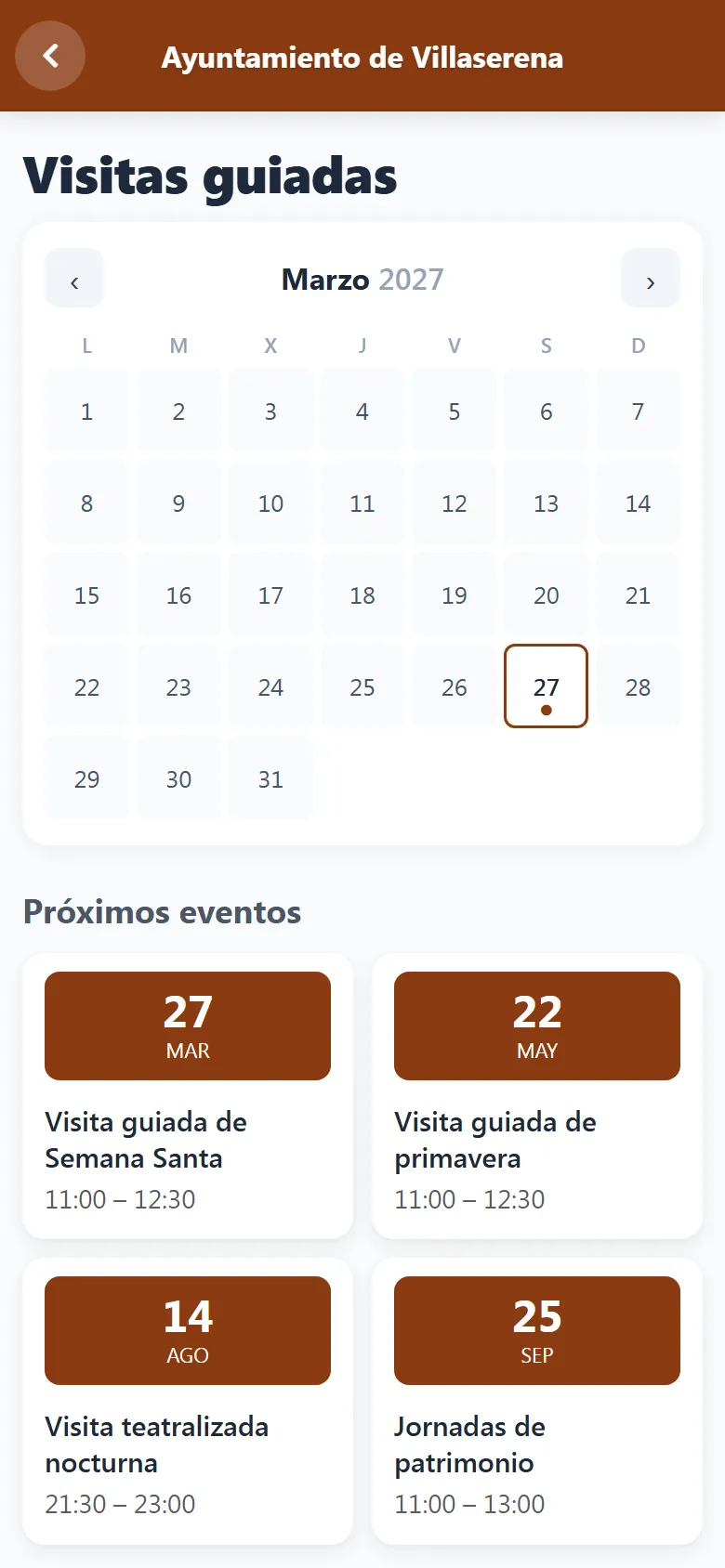 Captura de la sección «Visitas guiadas» de Ayuntamiento de Villaserena en el móvil