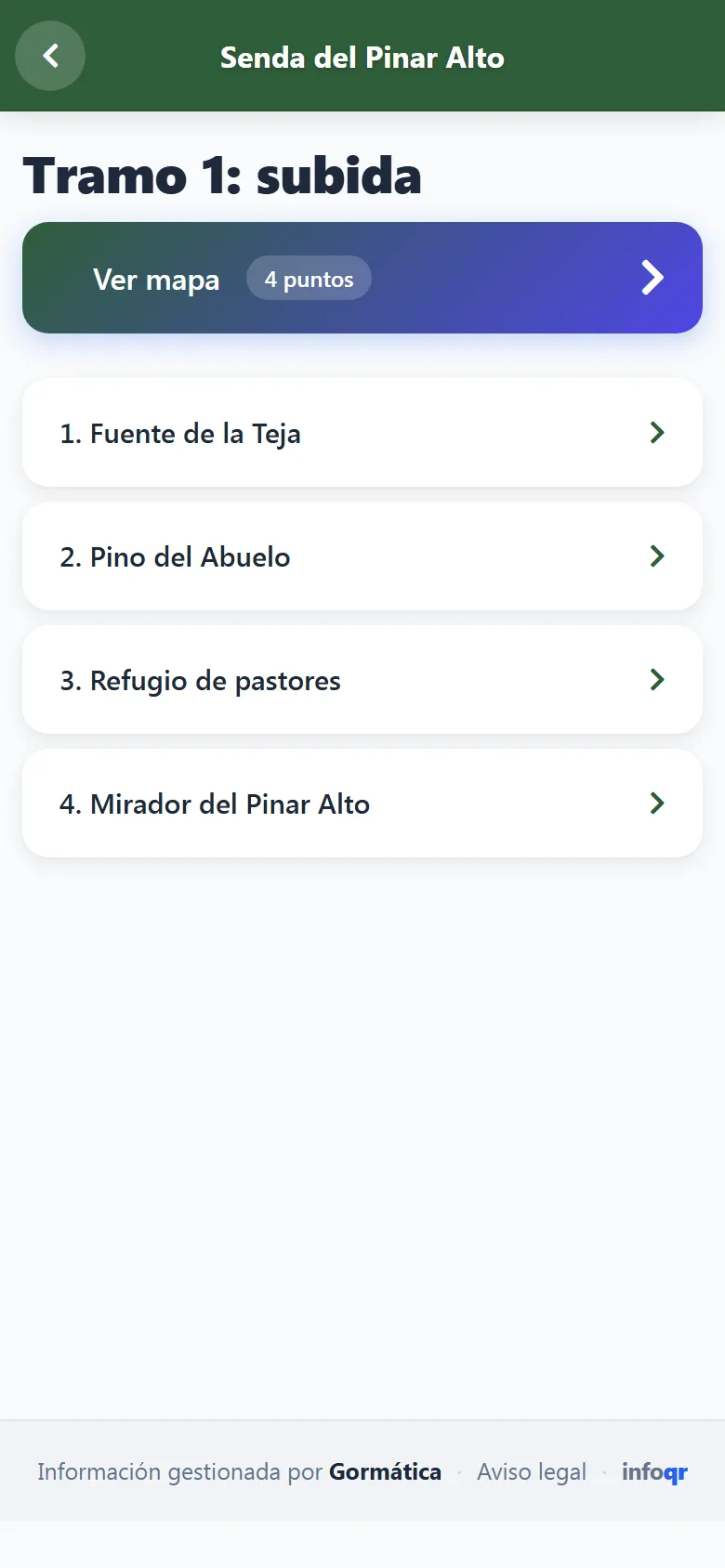 Captura de la sección «Tramo 1: subida» de Senda del Pinar Alto en el móvil